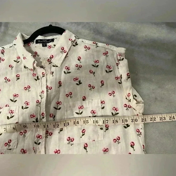 Velvet Heart Linen Blend Short Roll Sleeve Button Down Shirt Cherry Print Size S - Picture 8 of 9